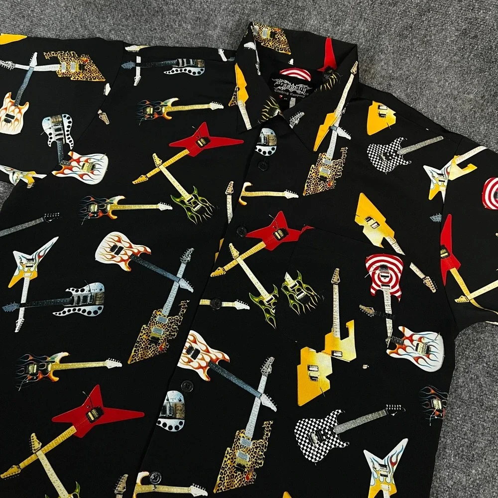 Mens VTG Dragonfly Clothing Co. Hard Rock St Thomas AOP Guitar Camp Shirt Size M - Picture 1 of 13